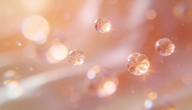 Sparkling glass droplets with floral refractions pastel bokeh and soft lensflare background