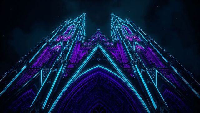Cyberpunk Gothic Cathedral Neon Facade with Twin Spires and Vibrant Cyan Magenta Lighting