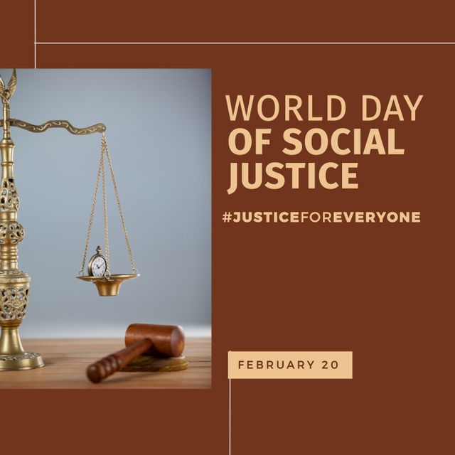 Graphic design highlighting World Day of Social Justice with balanced justice scales and gavel as symbols of equality and fairness. Useful for social media campaigns, awareness posts, legal presentations, and educational materials promoting social justice and equity.