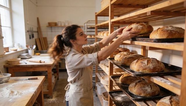 Female Baker Arranging Artisan Sourdough Loaves on Wooden Racks in Sunlit Bakery Workshop