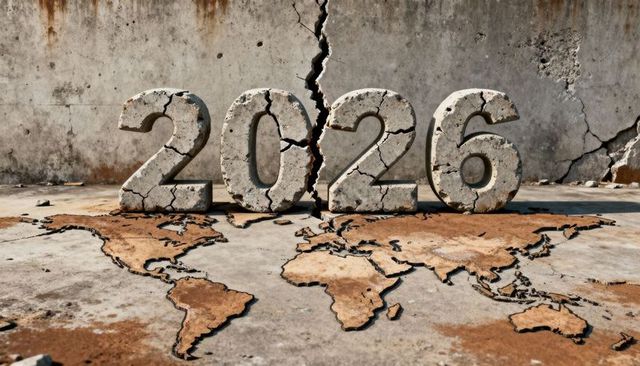 Cracked 2026 numerals towering over eroded world map on concrete ruins
