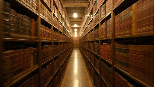 Vanishing point library aisle with leatherbound books and symmetrical warm lighting
