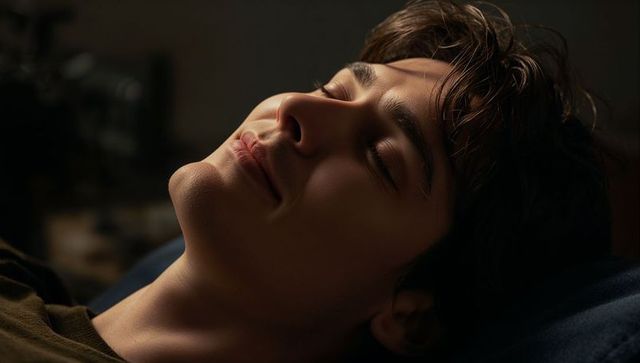 Smiling teen male relaxing on blue pillow in cozy bedroom, soft light closeup, peaceful