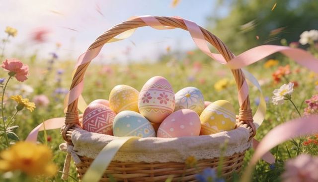 Sunlit wicker basket holding pastel easter eggs in wildflower meadow with lace lining and ribbons
