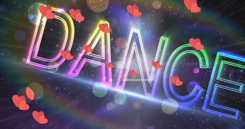 Colorful Neon Dance with Floating Hearts Against Glossy Light