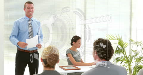 Conference Meeting with Digital Data Overlay in Modern Office