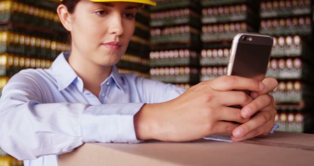 Female warehouse worker checking smartphone while handling package - Download Free Stock Images Pikwizard.com