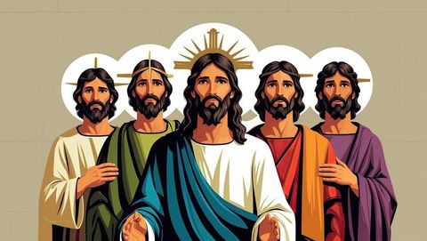 Animated depiction of jesus' disciples with halos and glow