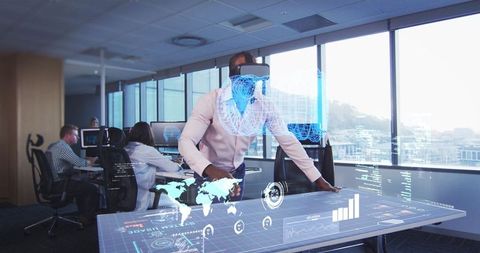 Businessman Using VR Headset for Data Analysis in Modern Office