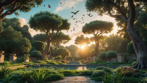Tranquil Garden at Sunset with Reflective Pool and Birds - Download Free Stock Images Pikwizard.com