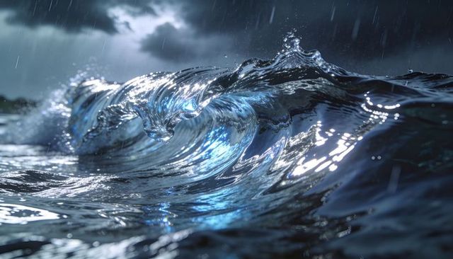 Curling storm wave reflecting blue light and rain under moody dark clouds