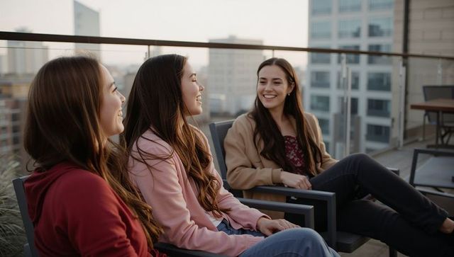 Three women chatting on rooftop terrace overlooking city skyline, relaxed friendship