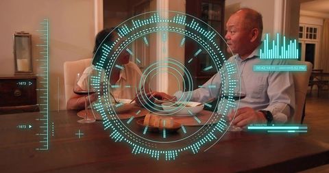 Couple sharing dinner with futuristic teal hud overlay showing health and activity data
