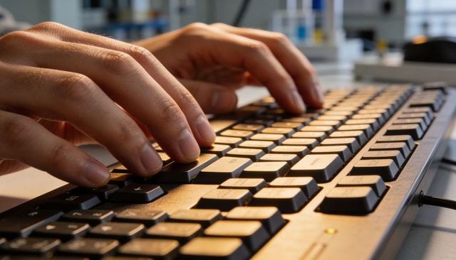 Close-up hands typing on full-size black keyboard for focused workstation productivity
