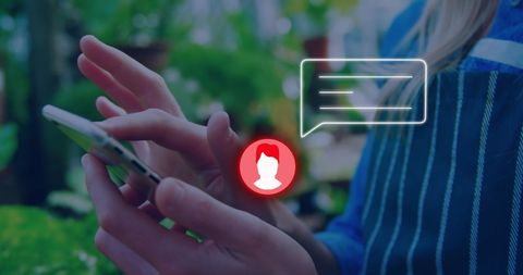 Woman interacting with smartphone and digital chat icon