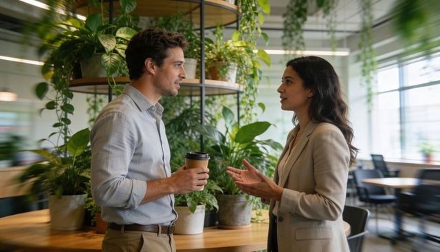 Colleagues discussing project by plant-filled roundtable in modern daylight office