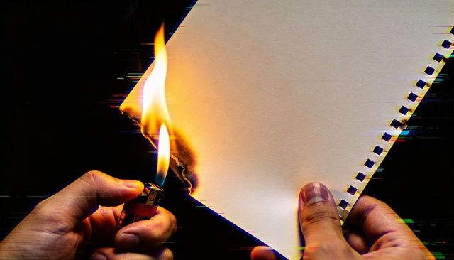 Burning spiral-bound notebook page with lighter flame and glitch, dramatic close-up