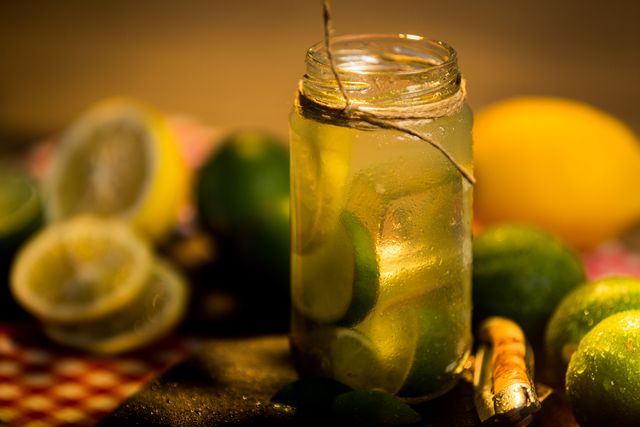 Refreshing lemonade is served in a mason jar filled with lime slices on a wooden table. The drink is surrounded by cut lemons and limes, with sunlight creating a warm ambiance. This image can be used for summer beverage advertisements, rustic-themed settings, or promoting refreshing drinks.