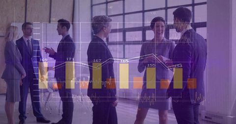 Corporate networking with data visualization, professionals collaborating in modern office