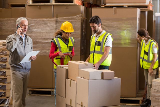Warehouse team preparing shipment with supervisor overseeing. Two workers using hand truck to move boxes, another employee organizing, while manager communicates on phone and holds clipboard. This image is ideal for websites, advertisements, and publications related to logistics, inventory management, teamwork, warehouse operations, and industrial supply chain processes.