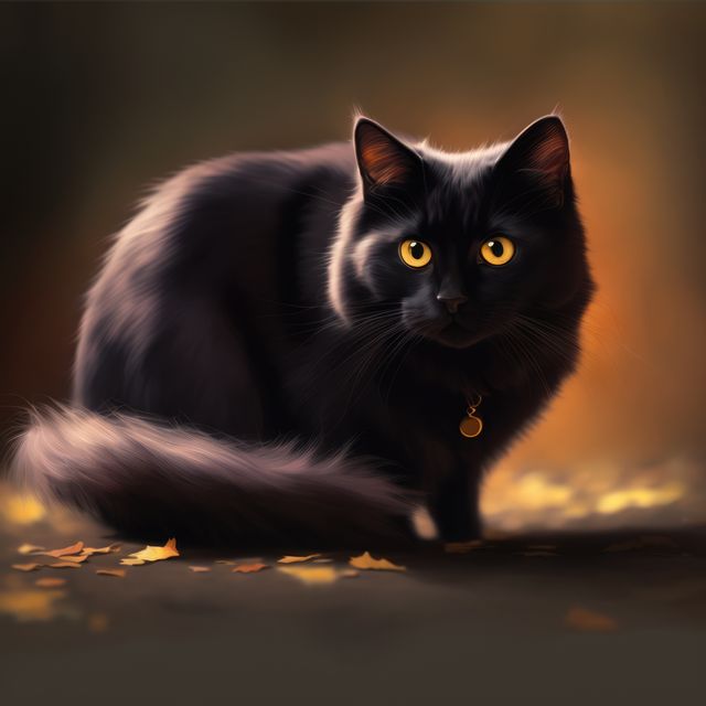 Black cat with yellow eyes and collar on orange background created using generative ai technology. Animals, pets and nature concept digitally generated image.