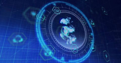 Holographic carbon interface rotating over futuristic blue grid with co2 hex icons