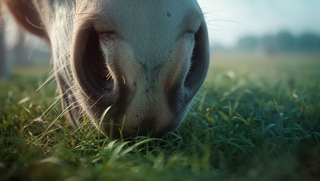 Horse muzzle grazing in lush dewy pasture