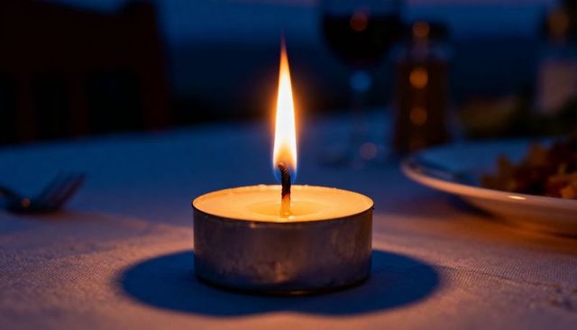 Tealight Candle Burning on Dining Table Casting Warm Intimate Evening Ambiance