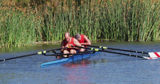 Two senior men row in a bright blue canoe along a calm body of water surrounded by lush green foliage. Both men wear red shirts and concentrate on paddling. This image is perfect for use in articles about active lifestyles, senior recreation, team sports, or nature activities. Ideal for promoting fitness among elderly individuals or for nature travel websites.