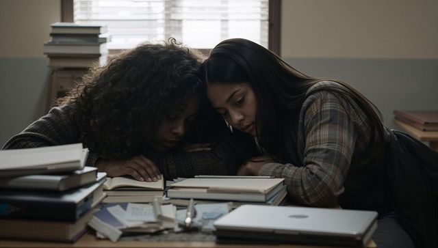 Two friends leaning on textbooks and resting during long study session in dim library