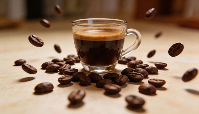 Glass espresso cup with rich crema and floating coffee beans in midair on warm wooden surface