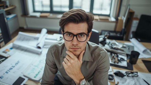 Young Architect Reviewing Blueprints in Cluttered Design Workspace Wearing Glasses Thinking