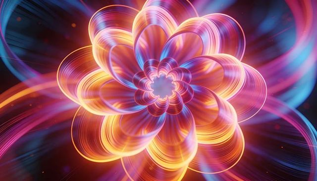 Neon fractal flower radiating vibrant ribbon petals cosmic glow luminous gradient abstract