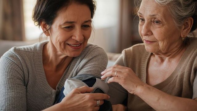Daughter helping senior mother measuring blood pressure at home, compassionate care