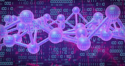 Pulsing neon node-and-rod network visualizing data flow with binary code overlay