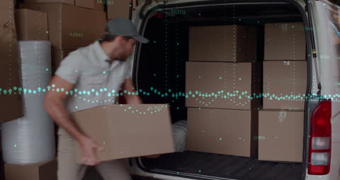 Courier Unloading Van with Financial Data Overlay