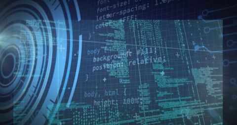 Futuristic digital interface with code and hud design