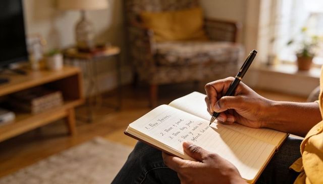 Writing numbered list in notebook on lap in sunlit cozy living room with pen