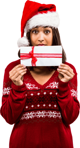 Festive Woman in Santa Hat Holding Gift Envelope Transparent Background