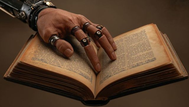Ornate Prosthetic Hand with Rings on Antique Book