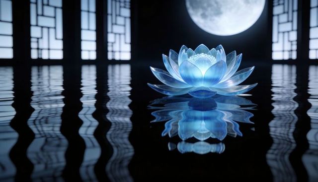 Floating glowing blue lotus blossom reflecting on still indoor pool under full moon