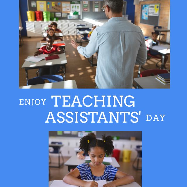 Image of enjoy teaching assistants day over male teacher in classroom and diverse pupils. School, education and teaching profession concept.