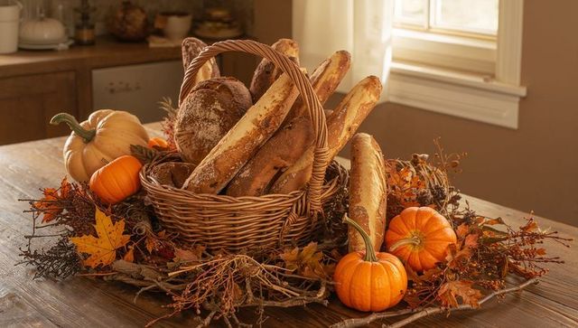 Rustic autumn bread basket in cozy kitchen charms with harvest decor