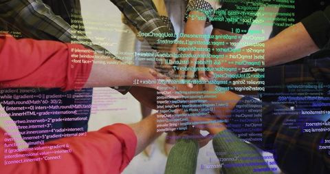 Tech Team Stacking Hands with Code Overlay Symbolizing Collaboration and Innovation