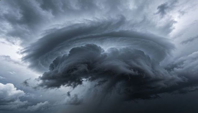 Cumulonimbus Supercell Swirling with Layered Shelf Cloud and Dark Rain Shaft