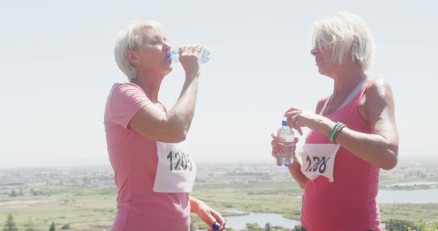 Senior women wearing race number tags are hydrating after a marathon race. They are drinking water and relaxing outdoors with a distant cityscape in the background. Ideal for use in advertising fitness and health products targeted at older adults, promoting outdoor activities for seniors, and emphasizing active lifestyles and well-being in aged populations.