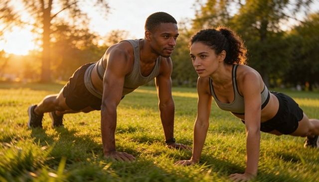 Fitness partners doing matching push-ups at golden hour in park promoting outdoor training