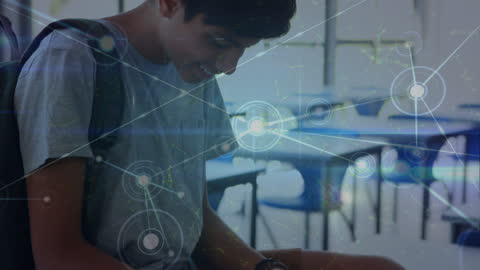 Boy Using Smartphone with Network Animation in School