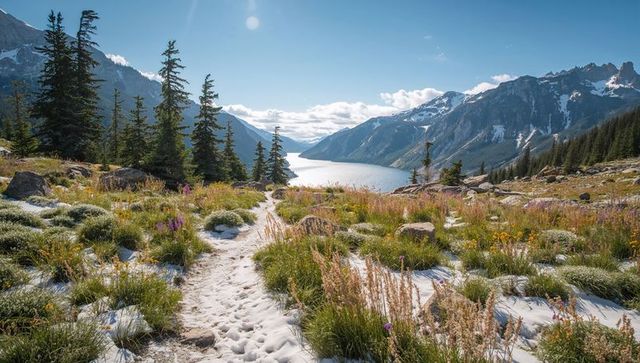 Snow-dusted alpine trail leading to glacial lake and rugged peaks with colorful wildflowers