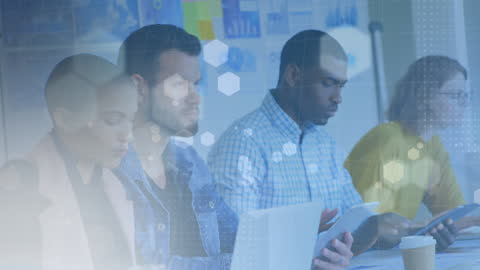 Business Team Analyzing Data with Tech Overlay in Office